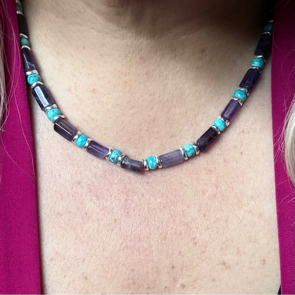 Artisan Handmade Purple Amethyst & Turquoise Sterling 925 Necklace & Earring Set - Picture 8 of 12